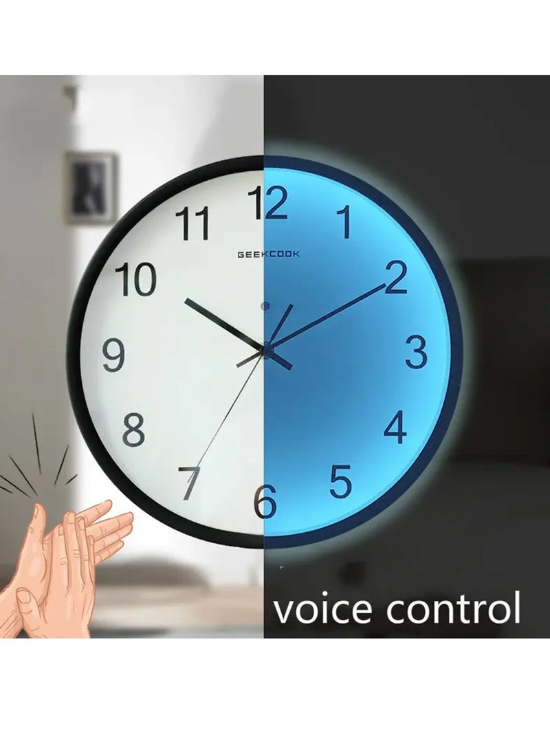 GEEKCOOK Silent Wall Clock 12 Inch with Voice Control LED Light Large Luminous Numbers Non Ticking Quartz Battery Operated for Bedroom Living Room Home Office - Image 3